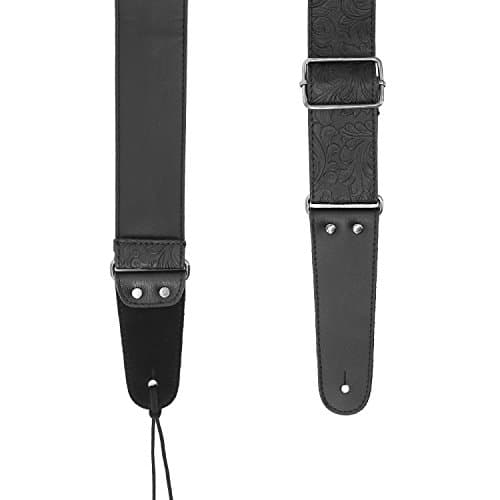 Vintage Black Leather Guitar Strap - PU Western 60's Retro, Genuine Ends, Bass Compatible