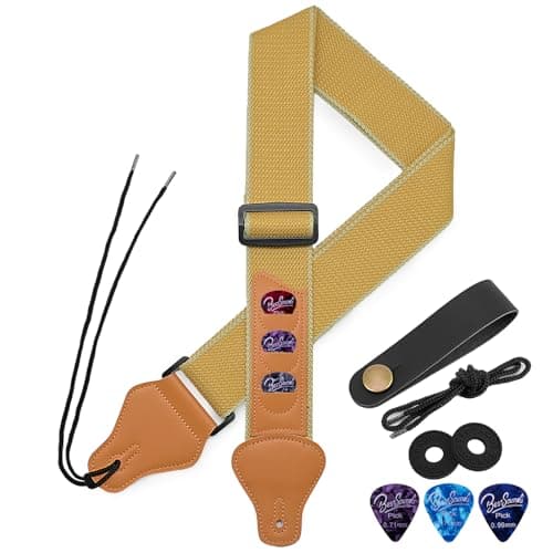 BestSounds Guitar Strap with Leather Head & Pick Holder Pockets — Yellow
