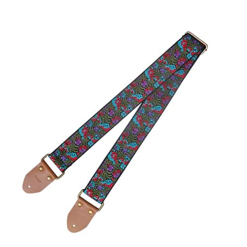 Yellow Flower Jacquard Weave Acoustic Bass Guitar Strap with 2 Locks + 3 Picks — Purple+green