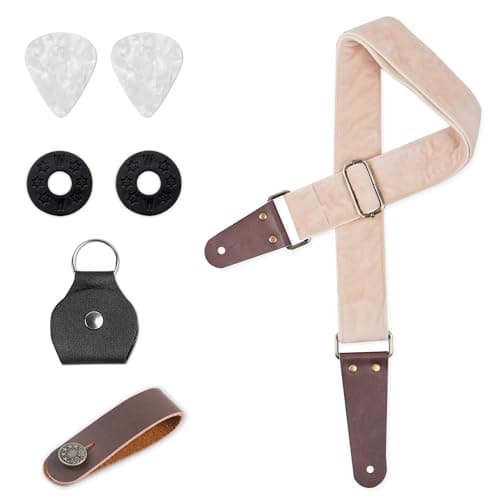QIELIZI Adjustable Guitar Strap with 2 Locks, 2 Picks, Pick Holder & Leather Button — 1-velvet Khaki