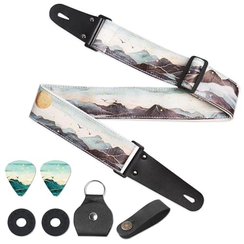 QIELIZI Adjustable Guitar Strap with 2 Locks, 2 Picks, Pick Holder & Leather Button — 1-hill Green
