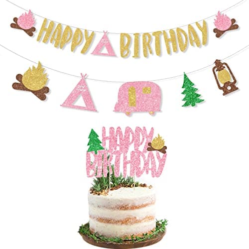 Pink Glitter Camping Birthday Banner & Toppers for Girl Parties