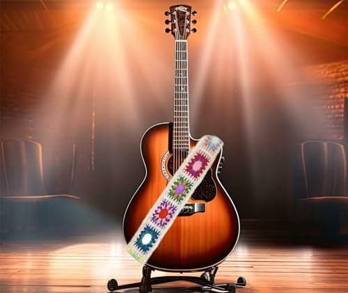 Crochet Flower Cotton Guitar & Bass Strap, Adjustable with Leather Ends