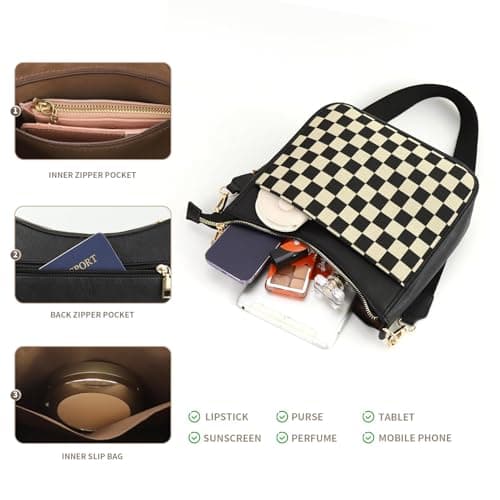 Sunbuti Women's Checkered Quilted Seam Vegan Leather Shoulder Bag with Embroilled Strap