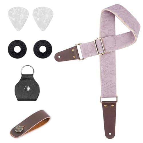 Adjustable Guitar Strap with 2 Locks, 2 Picks, Pick Holder & Leather Button — 1-carved Purple