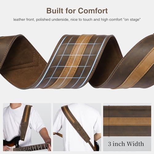 Brown Leather Guitar Strap, 3" Wide Comfortable Foam Padded, Adjustable 51-57", Strap Locks & Picks, for Bass/Electric/A