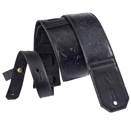 Nefelibata Full-Grain Leather Guitar Strap, 2.3" Wide, Soft Padded (Brown) — Morandi Grey Embossed