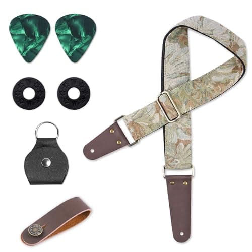 Lizimandu Adjustable Guitar Strap with 2 Locks & 4 Picks - Leather Ends - Suitable for Acoustic & Electric Guitars — 1-Jacquard Yellow