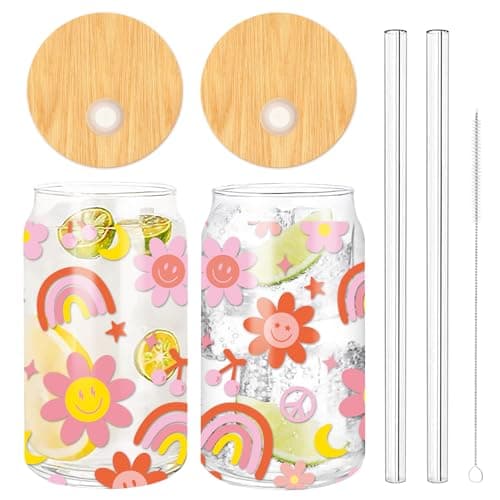 Boho 16oz Glasses with Bamboo Lids and Straws for Coffee and Cocktails, 2Pcs