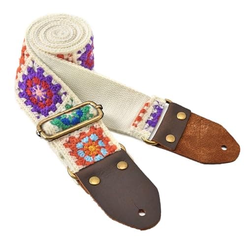 Beige Crochet Flower Guitar Strap for Acoustic, Bass, Electric (2" Wide) — Crochet Flower-white
