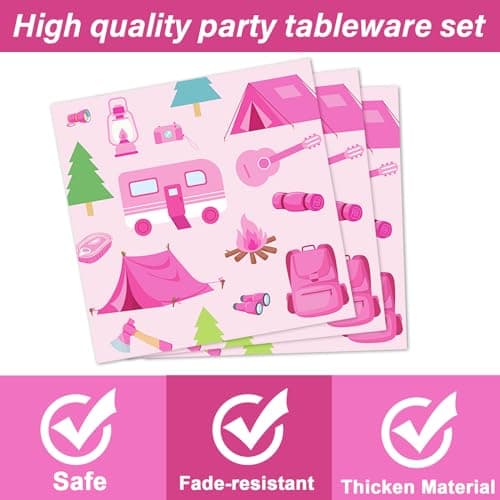 Pink Camping Party Supplies for 24 Guests - 96Pcs