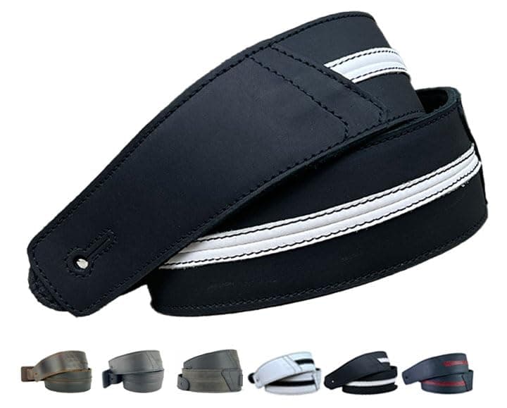Original Straight Up Full Grain Padded Leather Guitar Strap — Carbon Black W/ White Stripe