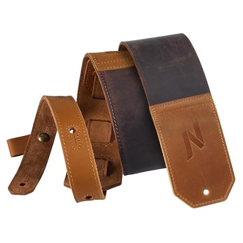 Nefelibata Full-Grain Leather Guitar Strap, 2.3" Wide, Soft Padded (Brown) — Whiskey Brown Embossed