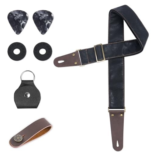 Adjustable Guitar Strap with 2 Locks, 2 Picks, Pick Holder & Leather Button — 1-carved Black
