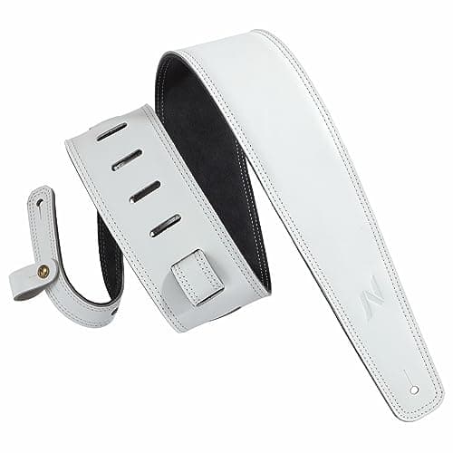 Nefelibata Vintage Green Guitar Strap, 2.5" Wide Tumbled Leather with Padding and Cable Loop — Pure White
