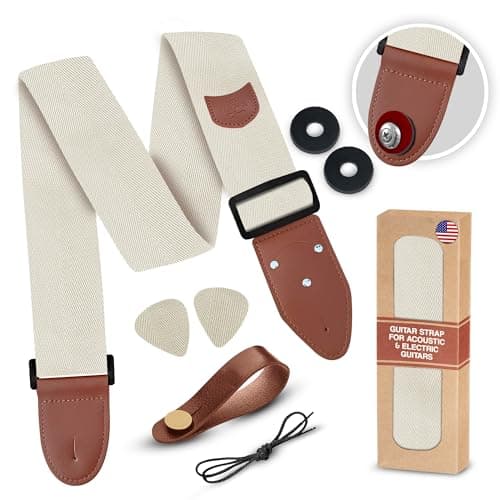 Adjustable Art Tribute Guitar Strap with Security Locks and Unique Picks — A Beige