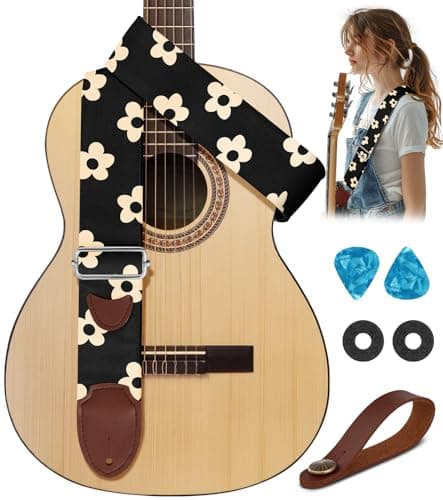 Cool Long Adjustable Acoustic Guitar Strap for Ukulele, Bass, & Classical Electric Guitars — Black Flower