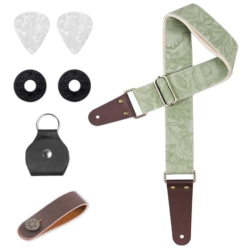 Adjustable Guitar Strap with 2 Locks, 2 Picks, Pick Holder & Leather Button — 1-carved Green