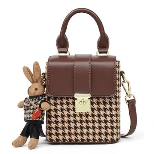 RTGGSEL Quilted Lattice Shoulder Bag for Women with Bunny Pendant — Square Houndstooth Brown