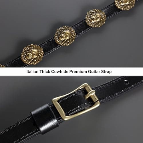Natural Vegetable Tanned Cowhide Guitar Strap (1 Inch Wide, Lion King in Brass)
