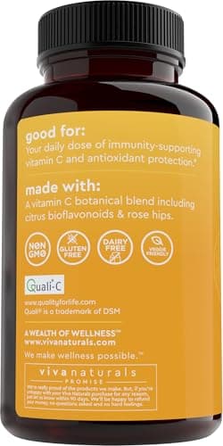 Viva Naturals Non-GMO Vitamin C 1000mg with Bioflavonoids & Rose HIPS, 250 Capsules