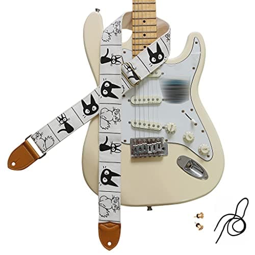 MUSIC FIRST Vintage Style Hand-Made Crochet Flowers Electric Guitar & Bass Strap, 2 Inch Width — Comic Cat