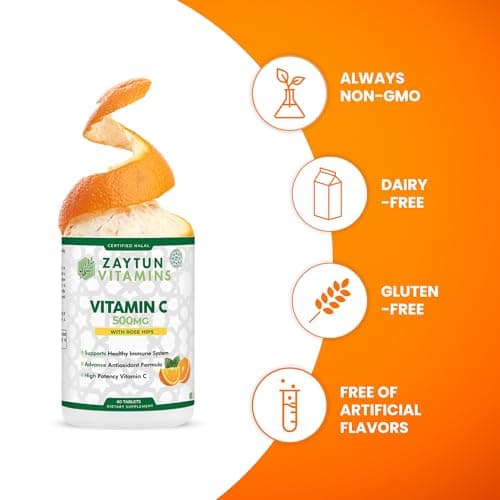 Halal Vitamin C 500mg Tablets Support Immune System, Natural Antioxidant - Vegan - Gluten-Free - 2 Months Supply