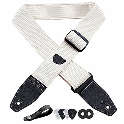 Floral Cotton Guitar Strap 2" Full Grain Leather Ends, Bass/Electric/Acoustic, Free Button & Picks — White