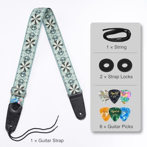 Adjustable 2 Wide Jacquard Embroidery Cotton Guitar Strap with Leather Ends - Includes Locks & Picks