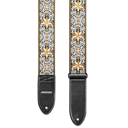 Amumu 2 Cotton Guitar Strap - Hootenanny Embroidered Style, Premium Leather Ends - for Acoustic, Electric, Bass Guitars — Yellow