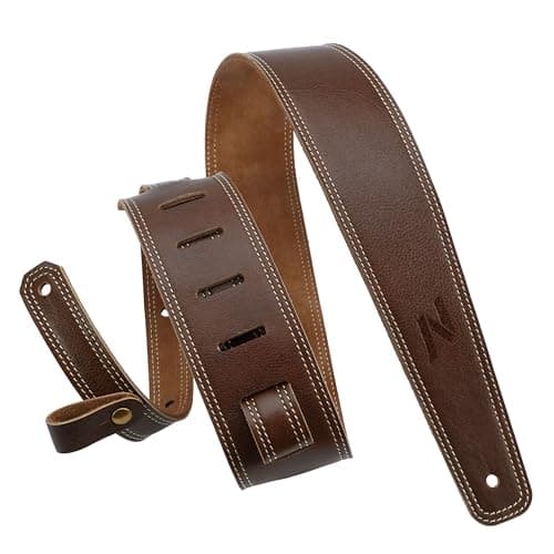 Nefelibata Vintage Green Guitar Strap, 2.5" Wide Tumbled Leather with Padding and Cable Loop — Vintage Brown