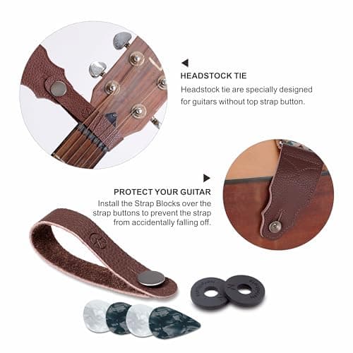 Head Layer Cowhide Leather Guitar Strap, 2-Inch Wide, 2 Locks, 4 Picks
