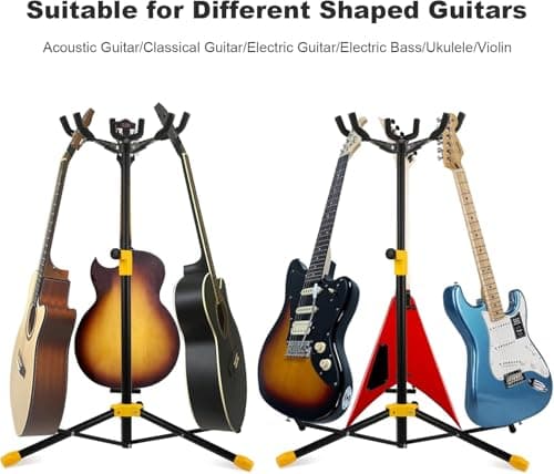Universal Triple Adjustable Guitar Stand with Neck Holder - Holds 3 Guitars