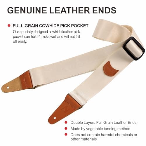 Nefelibata Vintage Nylon Guitar Strap with Pick Pocket and Leather Ends for Bass, Electric & Acoustic Guitars (Beige)