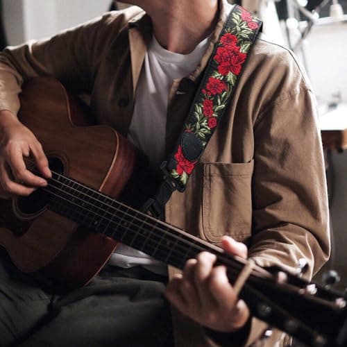 LEKATO Rose Embroidered Floral Bass Strap with Pick Holder (Red)