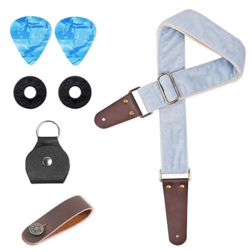 QIELIZI Adjustable Guitar Strap with 2 Locks, 2 Picks, Pick Holder & Leather Button — 1-velvet Light Blue