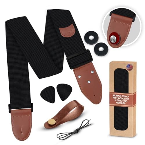 Adjustable Art Tribute Guitar Strap with Security Locks and Unique Picks — A Black