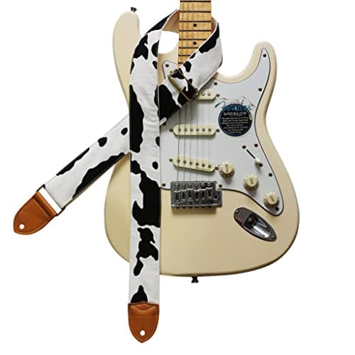 MUSIC FIRST Vintage Style Hand-Made Crochet Flowers Electric Guitar & Bass Strap, 2 Inch Width — Dairy Cow
