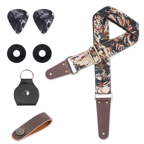Lizimandu Adjustable Guitar Strap with 2 Locks & 4 Picks - Leather Ends - Suitable for Acoustic & Electric Guitars — 1-Jacquard Black