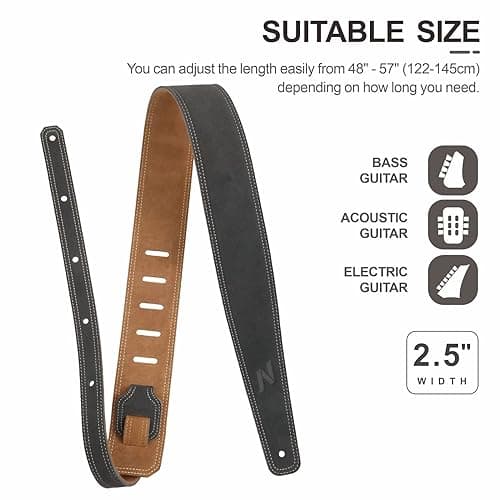 Bavarian Tumbled Leather Guitar Strap - 2.5 Wide, Foam Padding, Cable Storage Loop (Dark Gray)