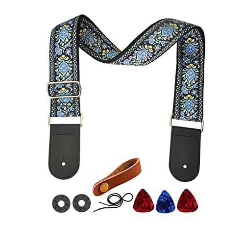 Yellow Flower Jacquard Weave Acoustic Bass Guitar Strap with 2 Locks + 3 Picks — Blue Flower