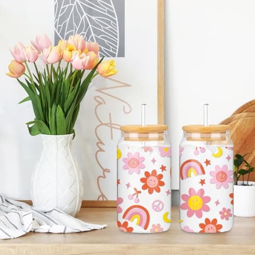 Boho 16oz Glasses with Bamboo Lids and Straws for Coffee and Cocktails, 2Pcs