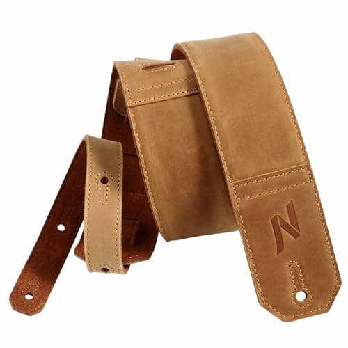Nefelibata Full-Grain Leather Guitar Strap, 2.3" Wide, Soft Padded (Brown) — Yellow