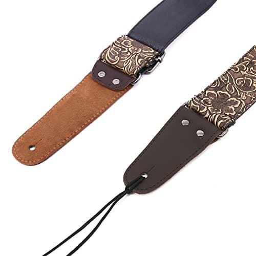 Anwenk Stamped Leather Guitar Strap for Electric Bass, Vintage 60's Style, Genuine Leather Ends, Includes 2 Picks