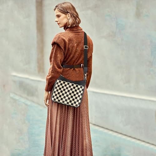 Sunbuti Women's Checkered Quilted Seam Vegan Leather Shoulder Bag with Embroilled Strap