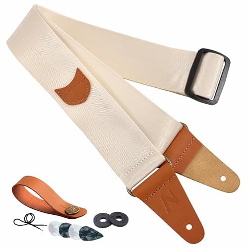 Nefelibata Vintage Nylon Guitar Strap with Pick Pocket and Leather Ends for Bass, Electric & Acoustic Guitars (Beige)