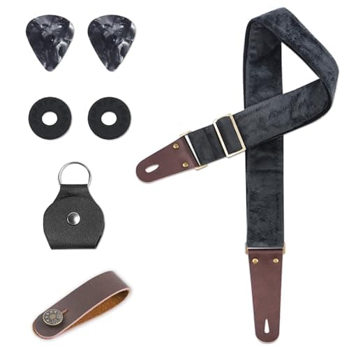 QIELIZI Adjustable Guitar Strap with 2 Locks, 2 Picks, Pick Holder & Leather Button — 1-velvet Black