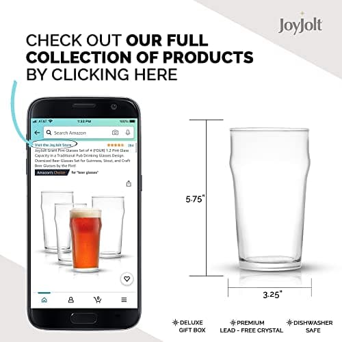 JoyJolt 19oz Beer Pint Glasses Set of 4 - Large Traditional Pub Style for Guinness and Craft Beers