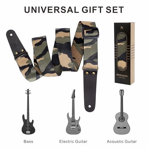 Nefelibata Camo Guitar Strap with Leather Ends for Acoustic, Electric & Bass Guitars + Free Lock