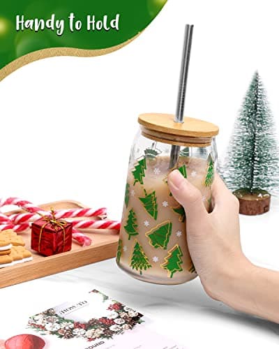 Christmas Cup with Bamboo Lid and Metal Straw 16oz Beer Can Glass - Holiday Party Gifts for Office, Women, Kids, Men